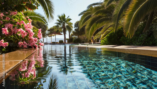 piscine avec de jolis reflets dans un joli jardin arboré de palmiers, plantes et fleurs