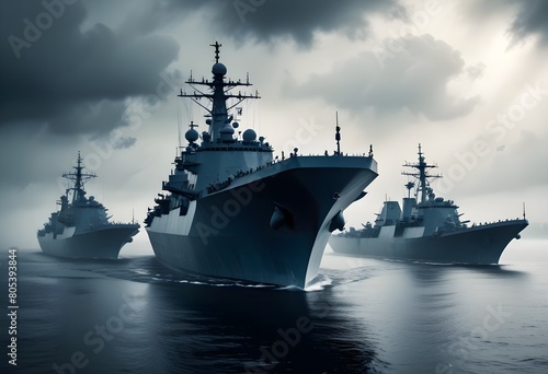 A navy warship with multiple antennas and radar systems on the deck, surrounded by other navy ships in the water under a cloudy sky