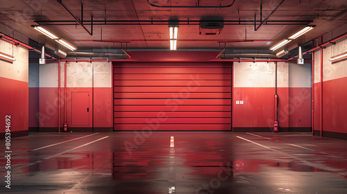 A red underground parking garage with a large red door.