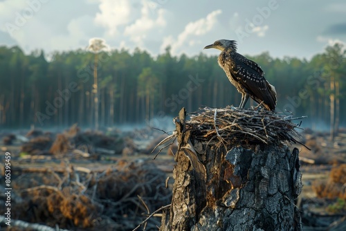 Juvenile bird standing alert on a twiggy nest on a stark tree stump, against a backdrop of deforestation and remaining trees, concept of environmental resilience and survival.