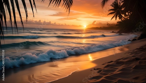 A tropical beach scene with palm tree fronds in the foreground, a vibrant over the ocean, and waves lapping at the sandy shore