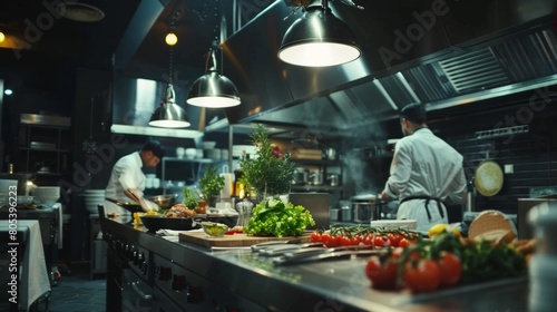 Commercial kitchen with chefs cooking, professional job