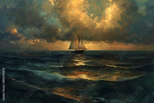 A painting of a sailboat on a stormy sea with a sunset in the background