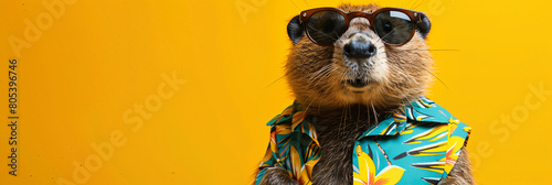 marmot in sunglasses and tropical shirt on a yellow background. Studio pet portrait. Summer vibe and holiday concept for design and print.