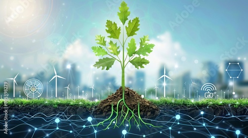 Growing plant with green bonds as roots and renewable energy as leaves, Depict the growth and flourishing of the sector