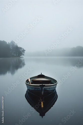 Tranquil Lake Empty Rowboat Floating Peacefully on Calm Waters