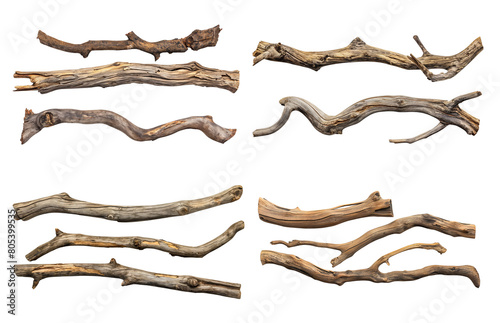 Collection of old wood branches isolated on white or transparent background