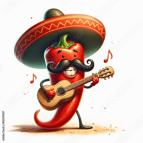 A cheerful anthropomorphic red chili pepper wearing a large sombrero and black mustache while strumming a guitar