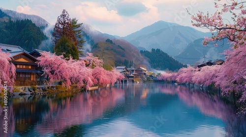 Cherry blossom in japan mountain lake village