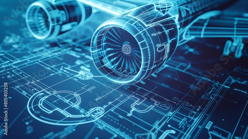 Aerospace engineering blueprint with an array of components, showcasing the detailed planning of aeronautical systems, close-up