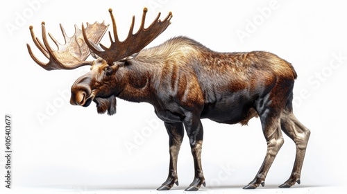 A large brown moose with a large antler on its head