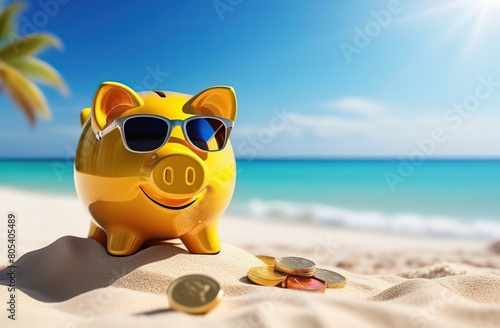 Sunny retirement dreamscape with piggy bank on beach, symbolizing smart investment planning