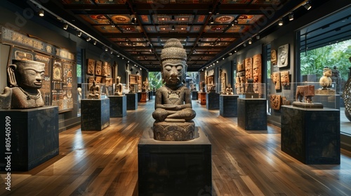 The image shows a long room with a dark wood floor and walls. There are several large statues in the room, most of which are made of wood.