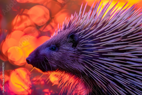 A close-up of a porcupines quills reflecting the colors of a vibrant sunset