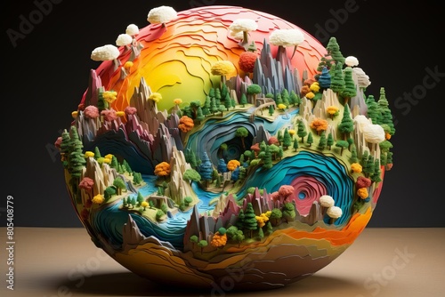 Handcrafted colorful paper model of Earth with vivid patches representing biodiversity hotspots
