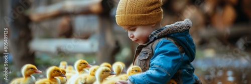 toddler boy caresses and playing with Ducklings in the petting zoo. concept of sustainability, love of nature, respect for the world and love for animals. Ecologic, biologic, vegan, vegetarian.
