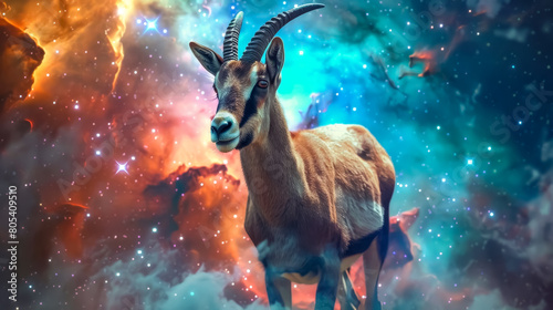 Close-up shot of an ibex standing stoically against a backdrop of a colorful nebula