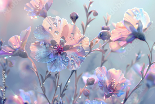 A field of delicate flowers with icy petals glistening in the sunlight, displaying a beautiful spectrum of colors like a frozen rainbow
