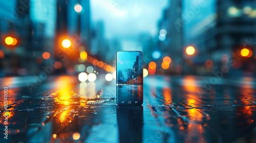 A minimalist mobile phone similar to the Samsung S24 Ultra, against a blurred urban landscape hinting at futuristic design