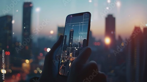 A mobile phone designed for architectural enthusiasts, with minimalist aesthetics and geometric patterns, against a softly blurred skyline backdrop, celebrating the beauty of urban landscapes