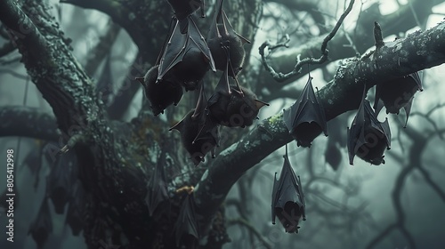 A colony of bats hanging upside down from the branches of a gnarled old tree, their wings wrapped around them as they sleep