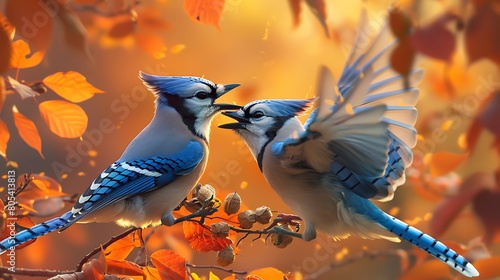 A pair of blue jays squabbling over the last remaining nuts on a nut tree, their vibrant feathers ruffled in the breeze
