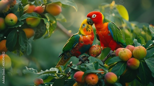 A pair of parrots squabbling over the last remaining guava on a tree heavy with fruit