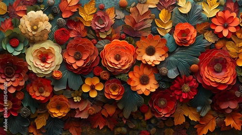 A panoramic view of a textured collage, where rust-colored chrysanthemums and autumn leaves meld into a vibrant, artistic tapestry.