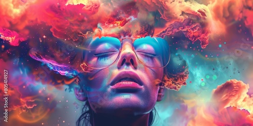 Woman With Closed Eyes in Front of Colorful Background