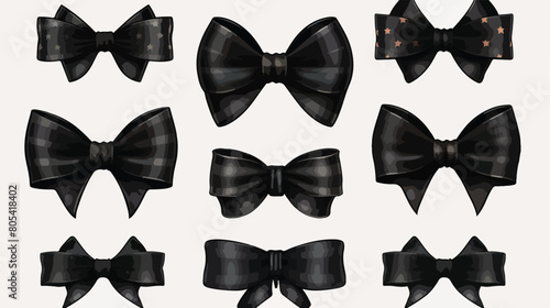 Set of black ribbon bows with tags on white backgro