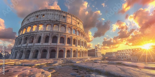 Roman Coliseum in the afternoon sun and sunrise sky. 