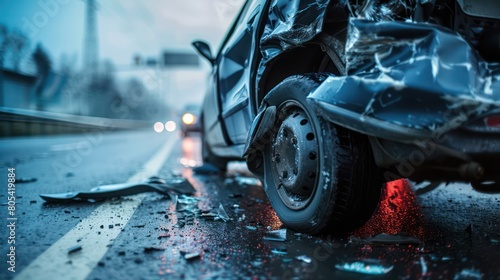 A close-up of a severely damaged vehicle highlights the result of a car accident, focusing on the crushed wheel and body