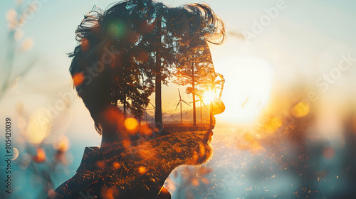 Renewable Resolve: Business Double Exposure with Natural Theme Featuring Man and Renewable Energy