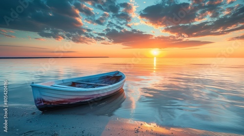 A tranquil boat rests on the calm sea at sunset, illustrating peaceful solitude and the beauty of nature's landscapes
