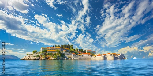 Beautiful view of the small island of Sveti Stefan. Location place Montenegro, Adriatic sea, Europe.