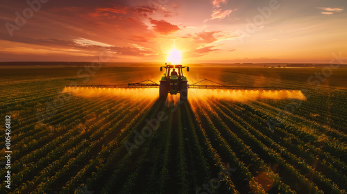 Sunrise view of a tractor spraying in a farm field under a colorful sky.