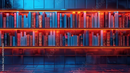 Close up of bookshelfs, thick book on it with glow highlights, against a blue-black tiled background