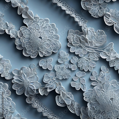 Beautiful white lace doily stripes seamless pattern on light blue background.