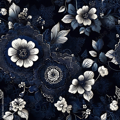 Beautiful dark blue lace doily seamless pattern on blue background.