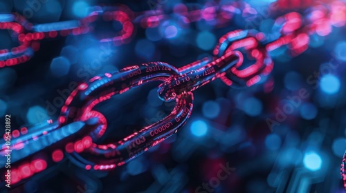 Close-up view of a digital chain with encrypted blocks, representing concepts of cybersecurity and blockchain technology