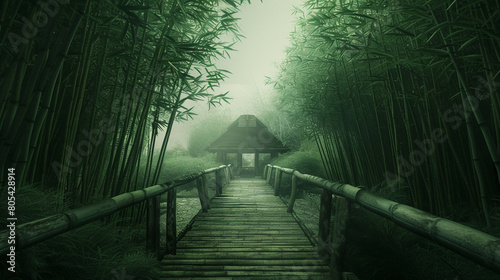 A wooden bridge leads to a hidden house within a thick bamboo grove. The overcast sky filters light through the dense canopy, casting the entire scene in a hue of green mystery 
