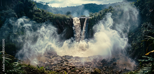 A wide, sweeping shot of a powerful waterfall crashing down into a rocky basin, surrounded by the dense underbrush of the jungle. The force of the water creates a mist that hangs in the air, 