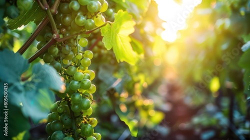 Backlit cluster of grapes growing on the vine with sunlight shining through, symbolizing nourishment and growth