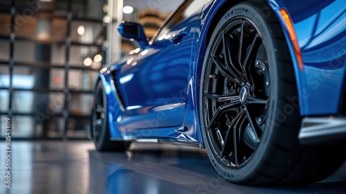 A stunning close-up shot capturing the intricate details and sleek design of a high-performance blue sports car's wheel and brakes