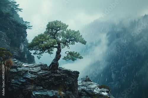 A lone pine tree stands on a cliff edge, overlooking a vast mountain landscape
