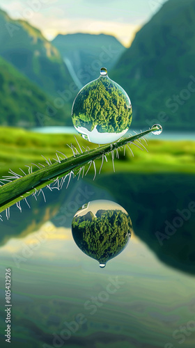 A water drop reflecting a serene lake and green mountains, poised on a blade of grass, with the entire scene encapsulated in the droplet and set against a deep green ecological background, 