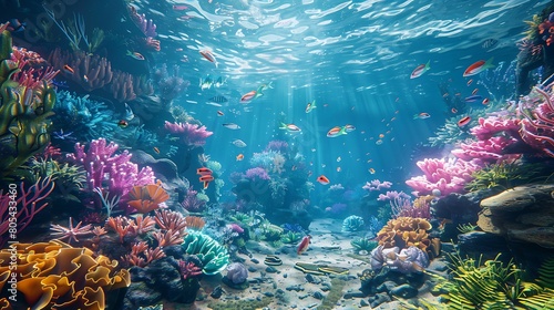 Virtual underwater world teeming with colorful coral reefs and exotic marine life, an aquatic adventure.