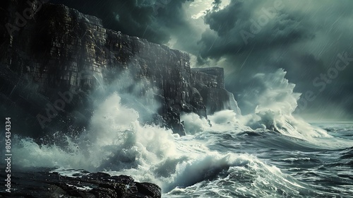 Waves crashing against rugged cliffs as a storm-tossed sea churns beneath a turbulent sky.