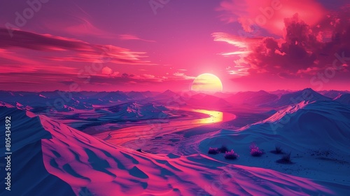 Desert Mirage: Neon visuals depicting a desert mirage, with shimmering illusions of water or oases in the distance