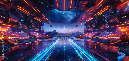 A virtual reality gaming coliseum, with seats made of light and a floor that reflects the neon sky. At the center, a stage equipped for the ultimate VR showdown glows, 